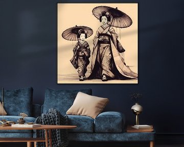 Geisha en dochter in traditionele Japanse kleding van Hey Art!