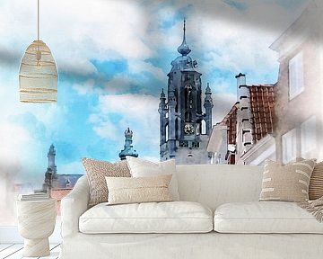 Aquarelafbeelding Stadhuis Middelburg van de Vlasmarkt van Danny de Klerk