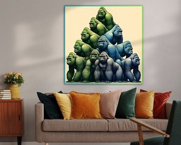 Pyramid of green, blue and grey gorillas