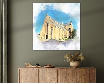 Aquarel afbeelding van de kerk van Haamstede, Schouwen-Duiveland, Zeeland van Danny de Klerk