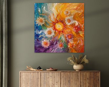 Zon en bloemen oranje-paars abstract van TheXclusive Art