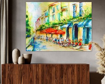 Gezellig straatje in Frankrijk. Handgeschilderde aquarel van Ineke de Rijk