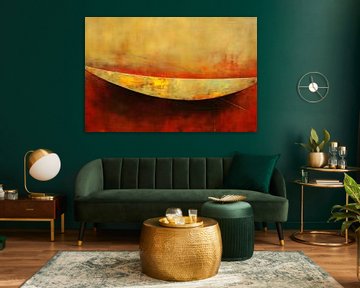 Abstracte compositie van kleurrijke boot op rood van Art & Soul Creations