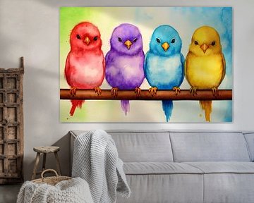Gezellige kleurrijke vogels op een tak van Art & Soul Creations