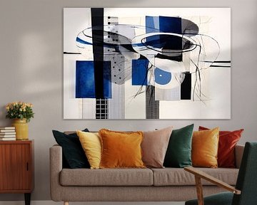 Minimalistische lijnencompositie in rood, blauw en geel
