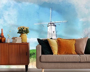 Aquarel afdruk van molen De Koe in Veere, Zeeland van Danny de Klerk