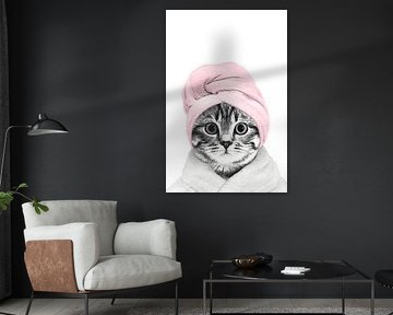 cat with bathrobe and towel, funny bathroom