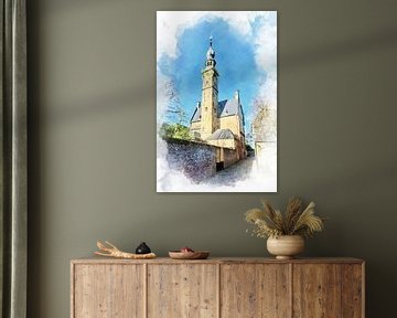 Watercolour image of the back of Veere Town Hall, Zeeland by Danny de Klerk