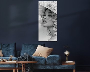Puissance raffinée : femme au grand chapeau en dessin au trait sur Artz by Mr.JAi