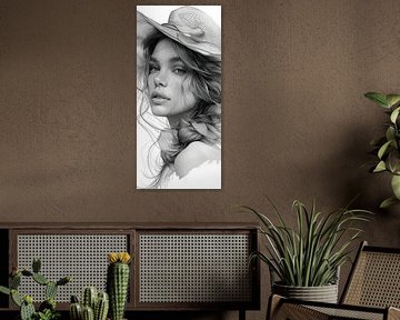 Ein Hauch von Mystik: Frau mit großem Hut in Line Art