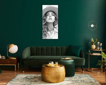 Raffinierter Blick: Frau mit Hut in Line Art