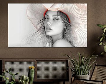Sophistication élégante : femme avec un chapeau orangé dans un dessin au trait sur Artz by Mr.JAi