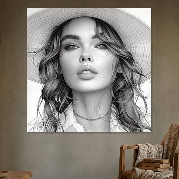 Summer Grace: Woman with Hat in Line Art