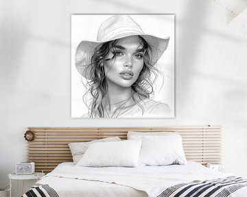 Charme d'été : Femme au grand chapeau en dessin au trait sur Artz by Mr.JAi