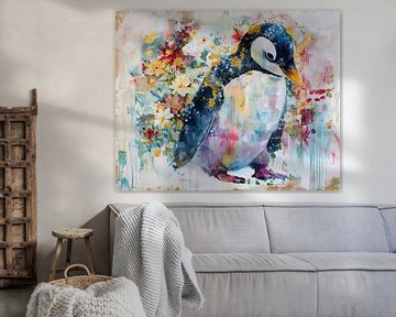 Schilderij Pinguïn Bloemen van Kunst Kriebels