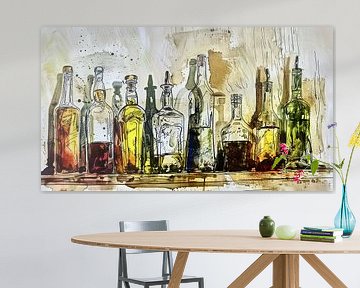 Flessen op een plank in levendige aquareltinten van Frank Heinz