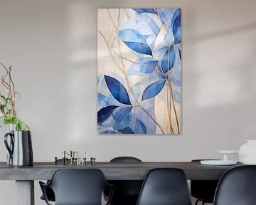 Minimalistisch schilderij met blauwe bladeren