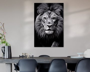 Zwart-wit portret van een leeuw van De Muurdecoratie