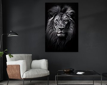 Zwart-witte leeuw met krachtige blik van De Muurdecoratie