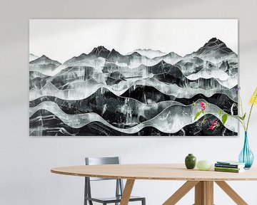 Abstract Berglandschap Muurkunst in zwartwit. van Vlindertuin-Art