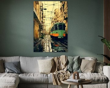Groene tram in de stad