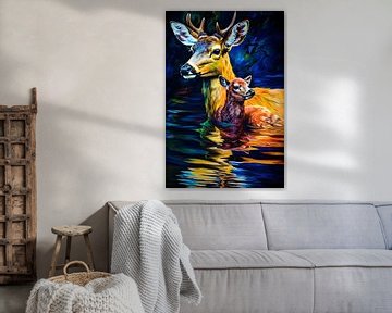 Moederhert en fawn in ochtendgloren van Art & Soul Creations
