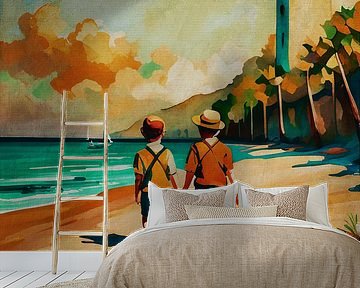 Zwei Jungen gehen am Strand spazieren von Jan Keteleer