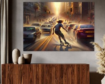 Skateboarding during rush hour at sunset by Eye on You