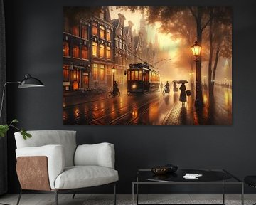 Regenachtig Amsterdam in Nederland rond 1900 bij zonsondergang van Eye on You