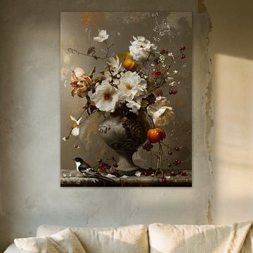 Stilleben mit Blumen und einem Vogel von Carla Van Iersel