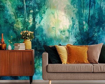 Abstract painting in green and turquoise - Mystical forest landscape with light by Joriali Abstract