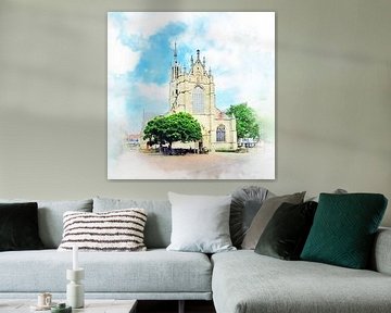 Aquarel afbeelding van de Sint Willibrordusbasiliek in Hulst, Zeeuws-Vlaanderen van Danny de Klerk