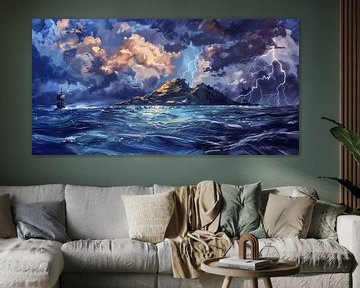 Storm over ruwe zee met eenzaam schip van Frank Heinz