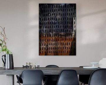 Modern abstract. Zwart patroon op roestbruin en blauwgrijs. van Dina Dankers