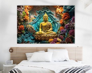Gelassener Buddha, umgeben von lebhaften Blumen von Art & Soul Creations