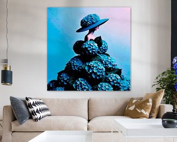 Gekleed in blauwe hortensia's.