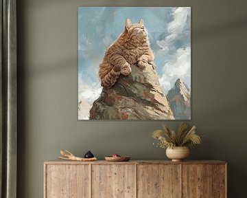 Kat Schilderij op Rots - Realistische Kunst voor Elke Ruimte