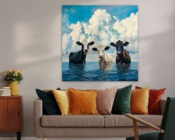 Drie Koeien in het Water - Realistische Kunst van Vlindertuin Art