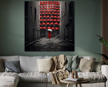 Lady with grey umbrella looks at wall with red umbrellas by Wim Stolwerk