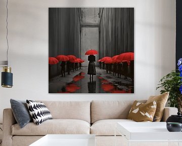 Woman and other figures with red umbrellas by Wim Stolwerk