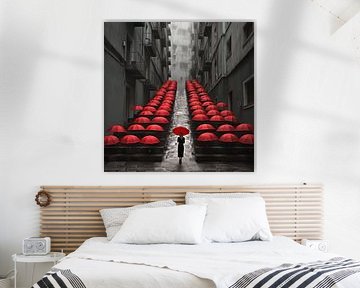 Woman at beginning of wet street with many red umbrella's by Wim Stolwerk