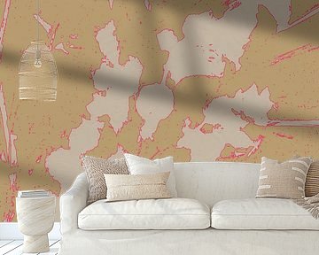 Abstrakte Botanik. Blumen in Weiß und Neonpink auf Ocker. von Dina Dankers