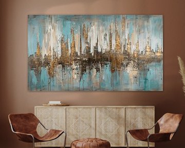 Modern en abstract: Skyline in blauw en goud van Studio Allee
