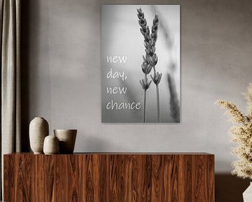 Een foto van lavendel in zwart-wit met een spreuk van art559
