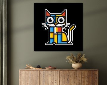 Kubistische Illustratie van een kat in Piet Mondriaan stijl. van Galerie Ringoot