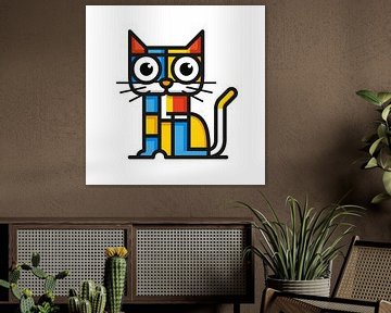 Kubistische Illustratie van een kat in Piet Mondriaan stijl op een witte achtergrond. van Galerie Ringoot