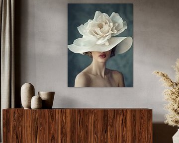 Modern en chic portret van een vrouw met grote witte hoed van Carla Van Iersel