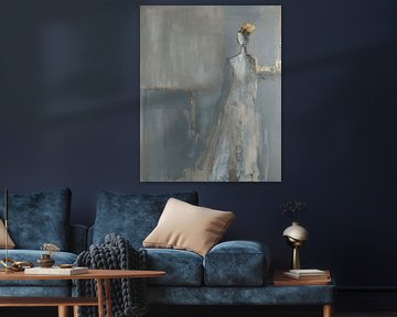 Modern en abstract portret in blauwe en grijze tinten met een vleugje goud van Japandi Art Studio