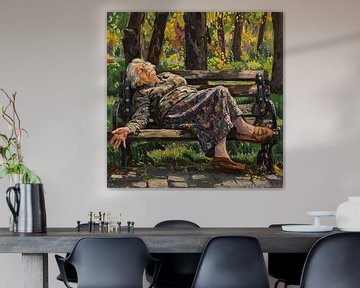 Ruhe im Park - schlafende Frau auf einer Bank von Poster Art Shop