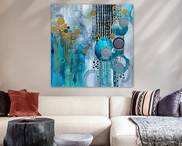 Abstract, schilderij, Blauw, wit en goud